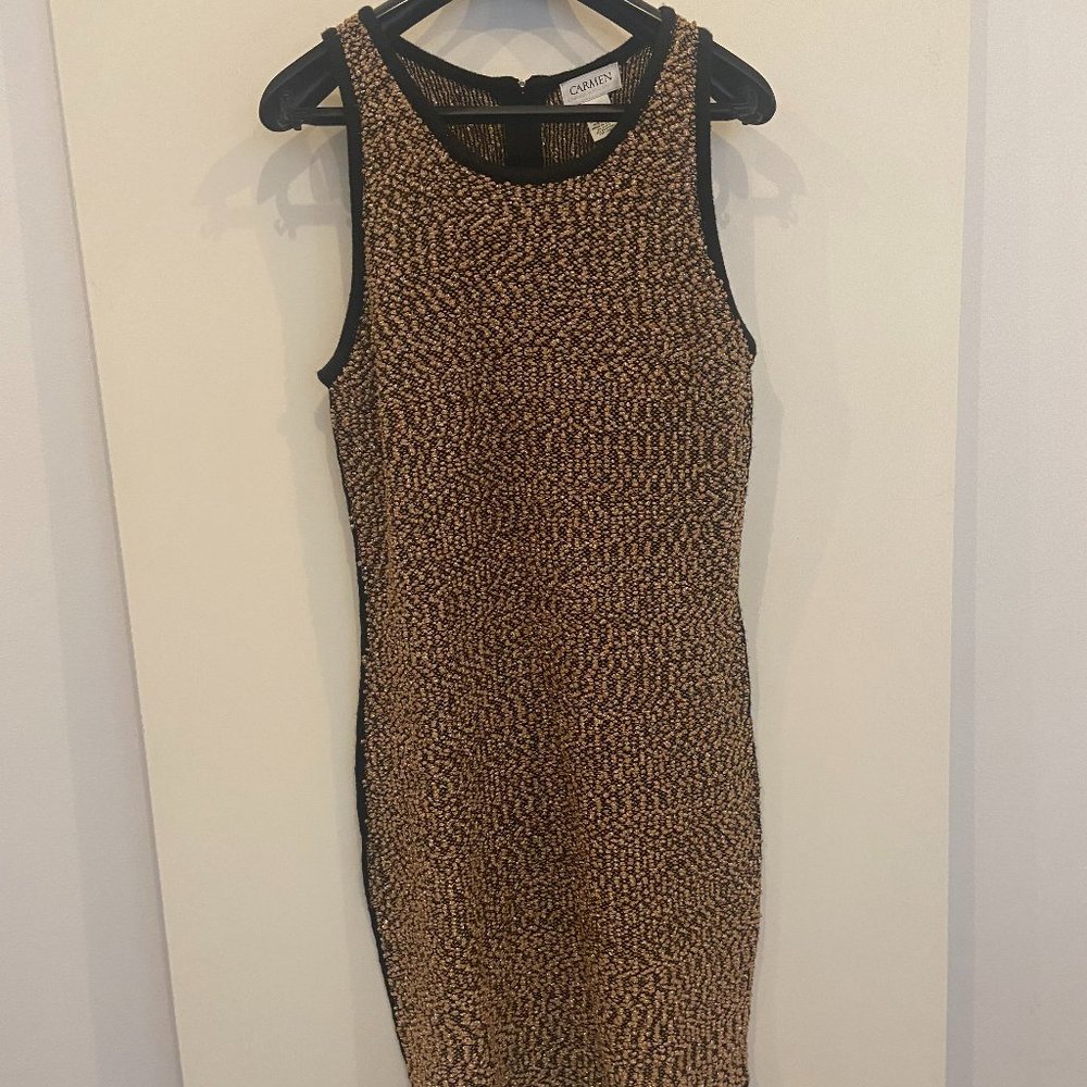 Carmen Marc Valvo Sweater Dress . black and gold metallic sparkle knit dress .